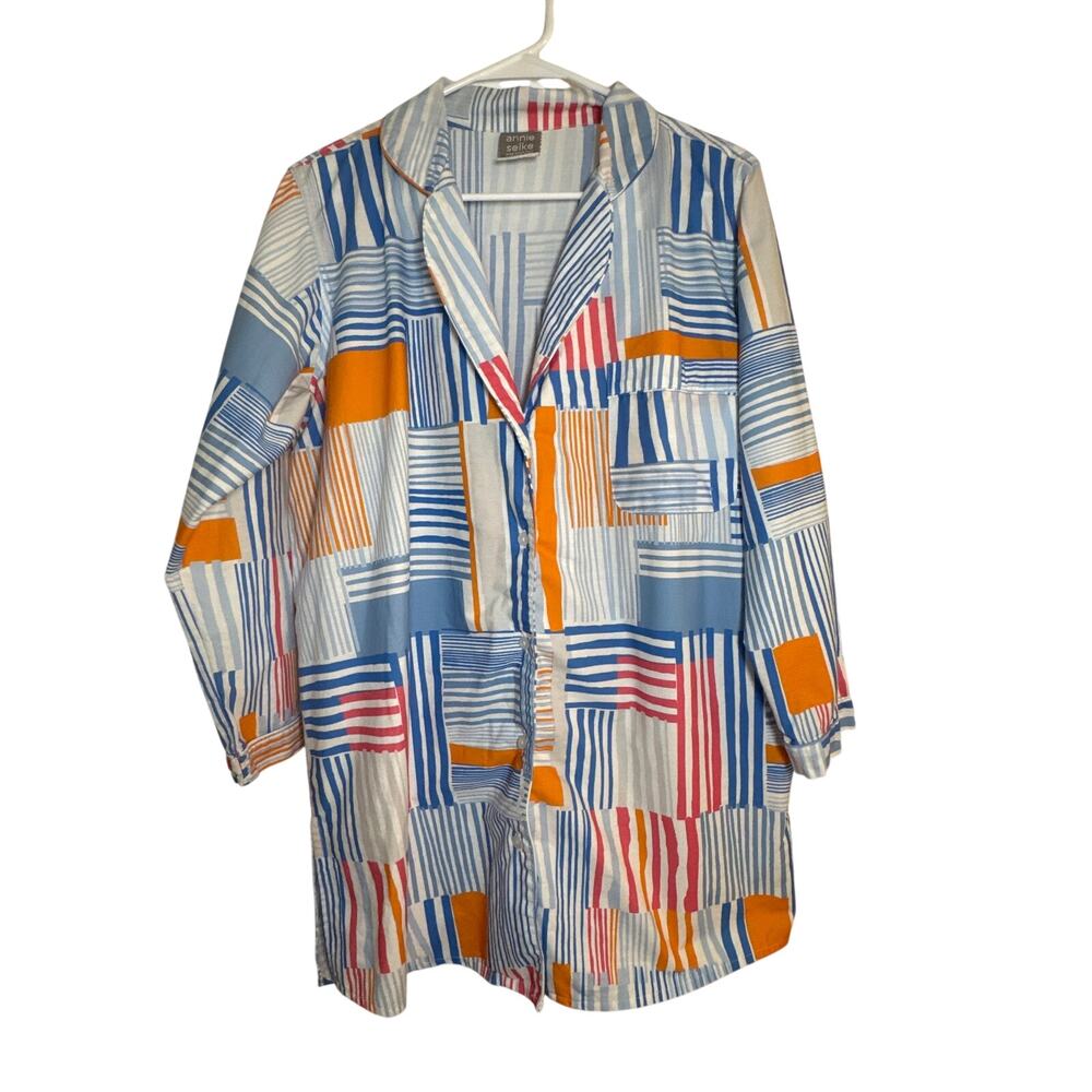 Annie Selke Pine Cone Hill Patchwork Nightshirt Women Large Blue Cotton Pajamas